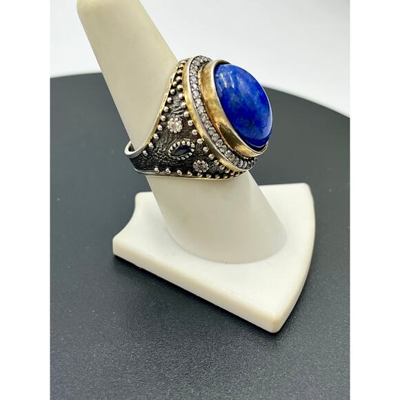 JAS Turkey Sterling Silver Lapis Lazuli, CZ, Blue Sapphire Two Tone Ring Sz 8 - Picture 3 of 13